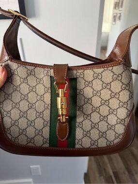 Gucci Brown GG Canvas Shoulder Bag with Green and Red Web